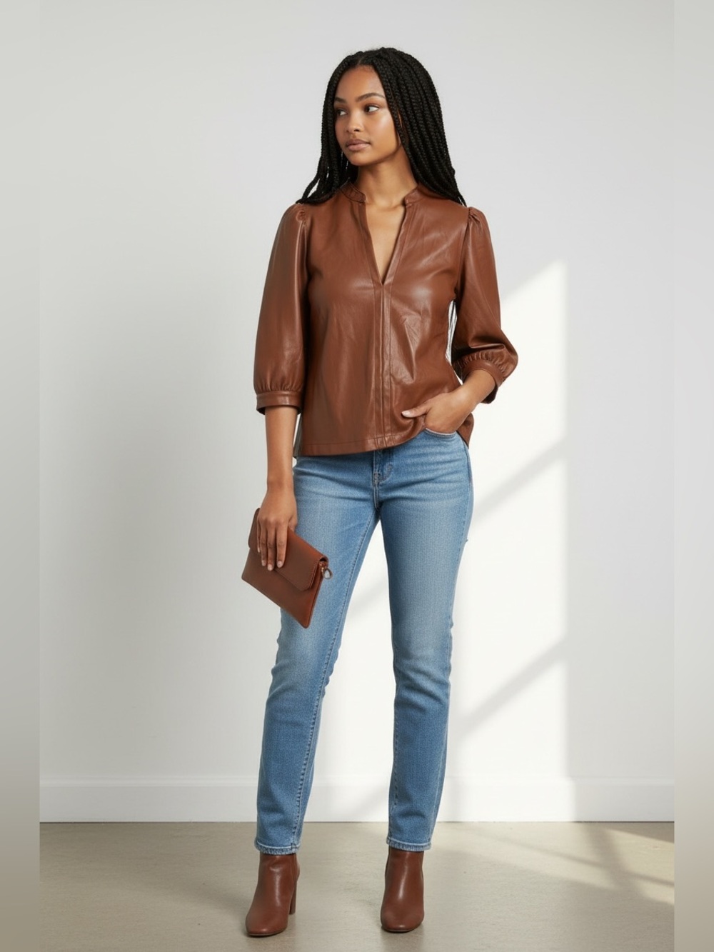 Evereve Chestnut Vegan Leather Puff-Sleeve Top